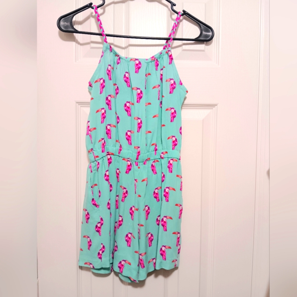 Pre-owned Cherokee teal with flamingo print and braided straps romper/Size: M